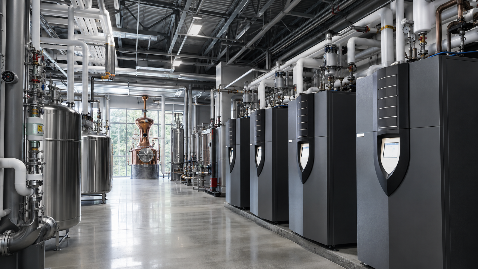 Modern mechanical engineering systems with commercial boilers, industrial piping, stainless tanks, pumps, valves and HVAC equipment in a clean facility