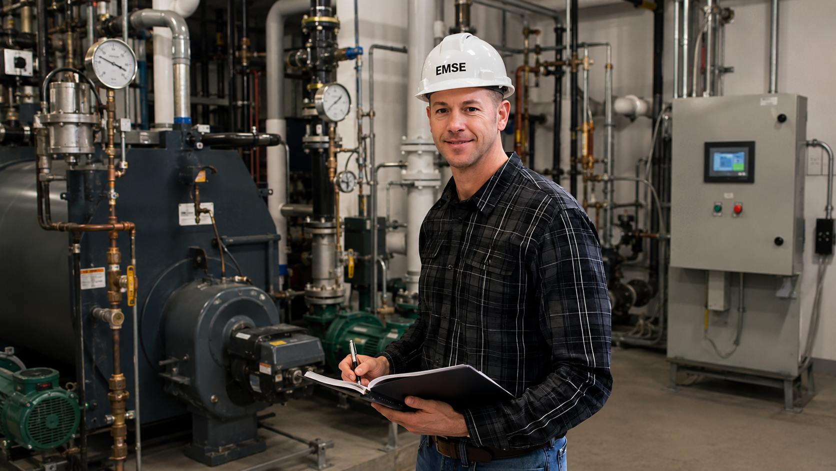 Waylon Lowery of Efficient Mechanical Systems Engineering performing a summer HVAC inspection on commercial mechanical equipment to improve cooling performance and system reliability.